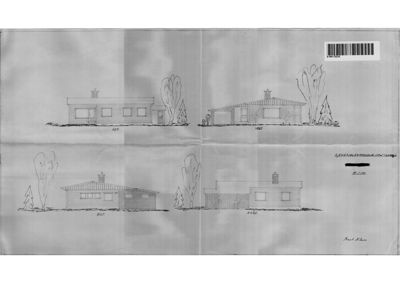 Fasadetegning som viser bygningens utsyn fra fire ulike vinkler (Sør, Vest, Øst, Nord).