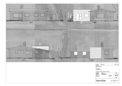 Fasadetegning som viser bygningens utseende fra fire ulike sider (syd, vest, øst, nord) med mål og detaljer.