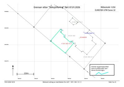Situasjonsplan eller matrikkelutdrag som viser grenser for eiendom, med koordinater, målestokk og nabolag.