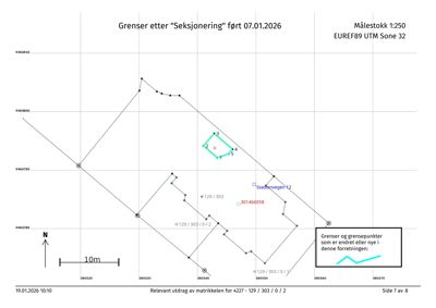 Situasjonsplan som viser grenser etter seksjonering med koordinater og målestokk.