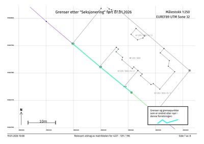 Kart som viser grenser etter seksjonering med koordinater og matrikkelreferanser.