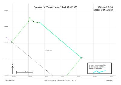 Situasjonsplan som viser grenser for eiendom eller byggeområde med koordinater og målestokk.
