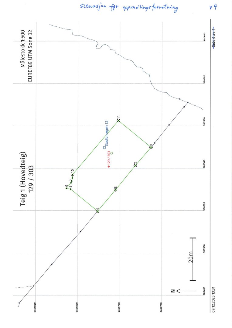Situasjonsplan som viser bygningens plassering på tomt med koordinater og målestokk.