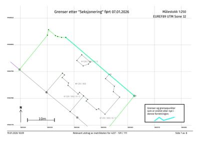 Kart som viser grenser etter seksjonering med koordinater og målestokk.