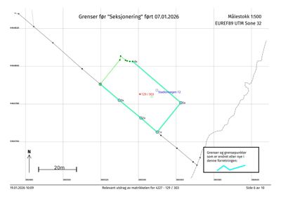 Kart eller situasjonsplan som viser grenser for eiendom med koordinater og matrikkelreferanse.