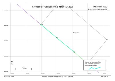 Situasjonsplan eller matrikkelutdrag som viser grenser for eiendom med koordinater og målestokk.