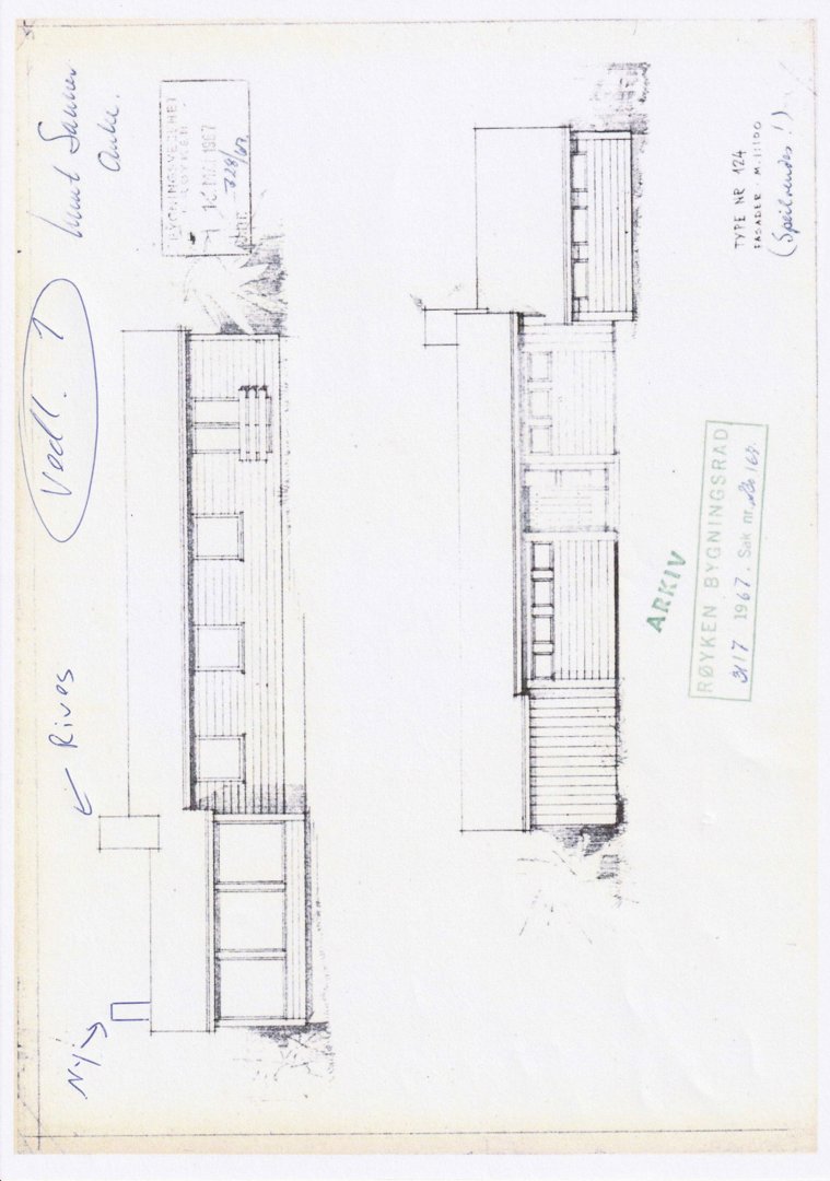Fasadetegning som viser bygningens utseende fra to ulike vinkler (for- og sidefasade).