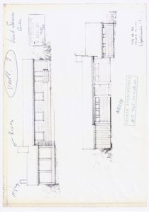 Fasadetegning som viser bygningens utseende fra to ulike vinkler (for- og sidefasade).