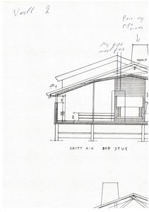 Tegning som viser et tverrsnitt (snitt) gjennom en bygning, med mål og konstruksjonsdetaljer.