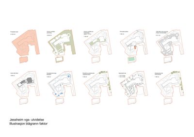 En samling av 10 illustrasjoner som viser ulike scenarier for utvidelsen av Jessheim vgs, inkludert arealoppsett og plassering av nye bygg.
