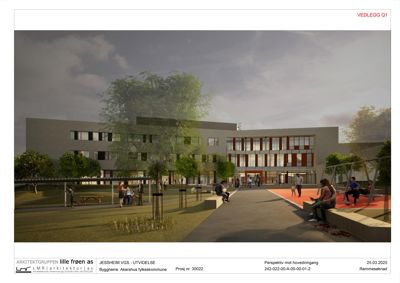3D-visualisering (perspektivtegning) av en planlagt bygning med omgivelser, inkludert trær, benker og personer.