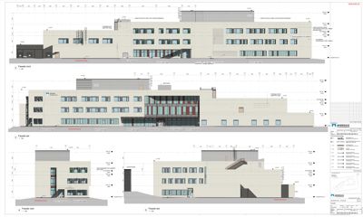 Fasadetegninger som viser bygningens utseende fra ulike vinkler (nord, sør, øst, vest, samt et snitt).