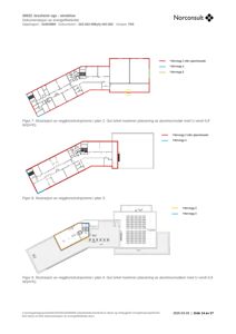 Bildet viser etasjeplaner (plan 2, 3 og 4) med markerte yttervegger og glassfasader, samt plassering av aluminiumsdører.