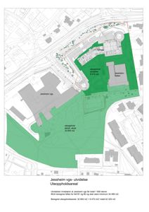 Situasjonsplan som viser Jessheim vgs og utvidelsen med angitte uteoppholdsarealer.