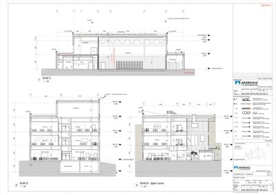 En tegning som viser tverrsnitt (snitt) gjennom en bygning, inkludert etasjer, romfordeling og konstruksjonsdetaljer.