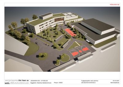 Fugleperspektiv med utomhus (3D-visualisering av bygning og omgivelser)