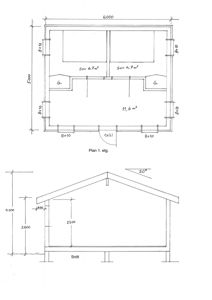 Bildet viser en tegning med etasjeplan (Plan 1. etg.) og et snitt (Snitt) av en bygning.