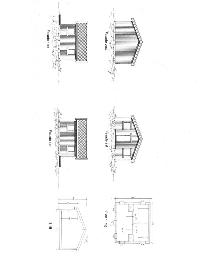 Bildet viser en tegning med fasadeoppvisninger (vest, øst, sør, nord) og et snitt av en bygning.