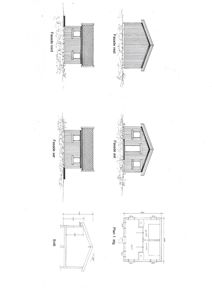 Bildet viser en tegning med fasadeoppvisninger (vest, øst, sør, nord) og et snitt av en bygning.