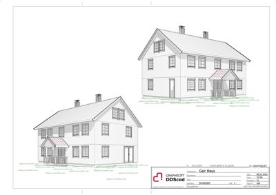 Fasadetegning som viser bygningens utseende fra to ulike vinkler (front og side).