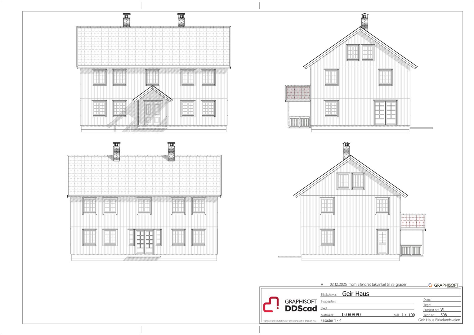 Fasadetegning som viser bygningens utsyn fra fire ulike vinkler (front, side, og to andre perspektiver).