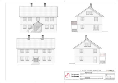 Fasadetegning som viser bygningens utsyn fra fire ulike vinkler (front, side, og to andre perspektiver).