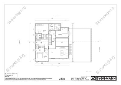 Etasjeplan (2. etasje) som viser romfordeling, dimensjoner og plassering av dører og trapp.