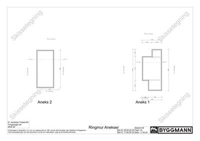 Tegning som viser detaljerte dimensjoner og oppsett for ringmurer (Anekser 1 og 2) i en byggesak.