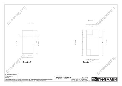 Tegning som viser detaljerte dimensjoner og plassering av takplaner (Anekser 1 og 2) for en bygning.