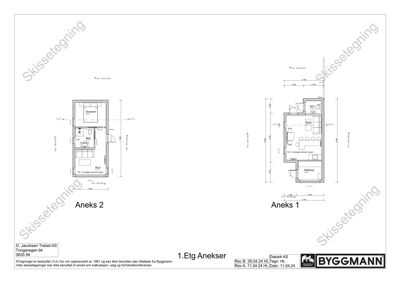 Etasjeplan (1. etg) som viser romfordeling for to anekser (Anekser 1 og 2) med mål og romnavn.