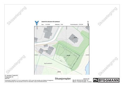 Situasjonsplan som viser tomtens plassering i forhold til nabolag, veier og høydeforhold.