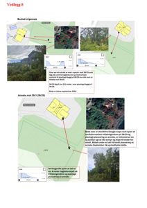 En collage av flere bilder som viser en eksisterende bygning (bustad), planlagte plasseringer (gule polygoner) og terrengprofilering for et annektsprosjekt.