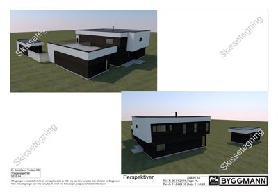 3D-visualisering (rendering) av en husmodell sett fra ulike vinkler, inkludert et utsnitt av fasaden og et utsnitt av tomten.