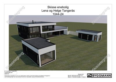 3D-visualisering av en planlagt enebolig med omgivende tomt.