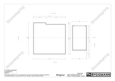 En teknisk tegning som viser et tverrsnitt (snitt) av en bygning eller konstruksjon med mål og dimensjoner.