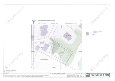 Situasjonsplan (tomtekart) som viser bygningers plassering, eiendomsnummer og topografi.