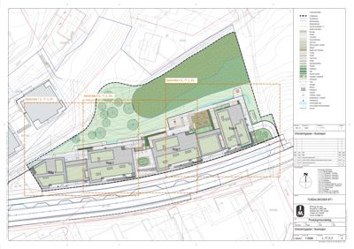 Situasjonsplan som viser tomtens form, bygningenes plassering (Bygg 1-4), terrengforhold, vegetasjon og infrastruktur.
