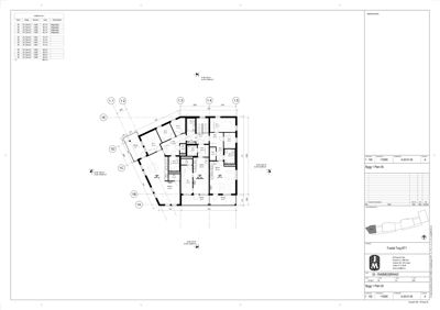 Etasjeplan (Bygg 1 Plan 05) som viser romfordeling, veggposisjon og dimensjoner.