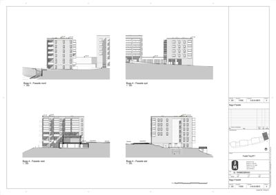 Fasadetegning som viser bygningens utseende fra fire sider (nord, syd, vest, øst).