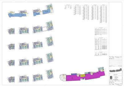 Etasjeplaner (floor plans) som viser romfordeling og areal for flere leiligheter eller enheter i en bygning.