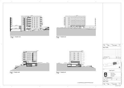 Bildet viser fire fasadetegninger av et bygg (Bygg 3) sett fra nord, syd, vest og øst.