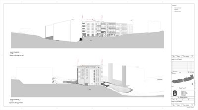 Snittegning (tverrsnitt) av en bygning, som viser innvendig høyde, etasjer og relasjon til terrenget.