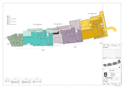 Etasjeplan med romfordeling og fargekodet inndeling av ulike soner (BYA hus 1-5).