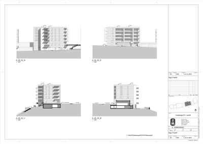 Bildet viser fire fasadetegninger (N, S, V, Ø) av en fleretasjes bygning med balkonger.