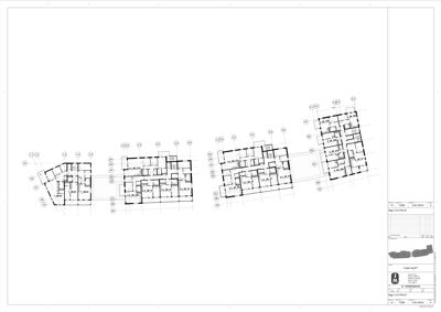 Etasjeplan eller romfordeling for flere bygninger eller etasjer, med romnummer og mål.