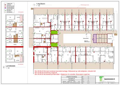 Plantegning av 1. etasje og loft i et leilighetsbygg, med romfordeling, veggtykkelse og brannvernoppsett.