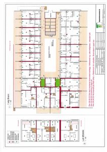 Etasjeplan for 1. etasje i et bygg (Brann), som viser romfordeling, vegger, dører og brannalarmanlegg.