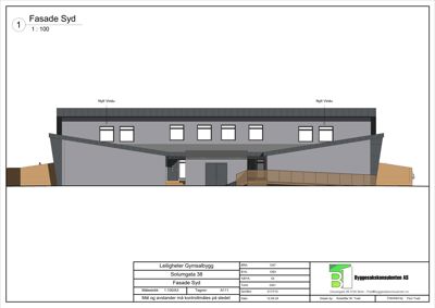 Fasadetegning av bygningens sydfasade med oppriss av fasadeelementer og vinduer.