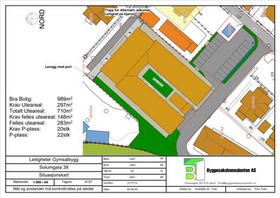 Situasjonsplan som viser bygningens plassering i forhold til nabolag, veier og arealopplysninger.