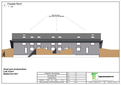 Fasadetegning av 'Fasade Nord' for Leiligheter Gymsalbygg, som viser utvendig utsyn med vinduer, tak og fasadematerialer.